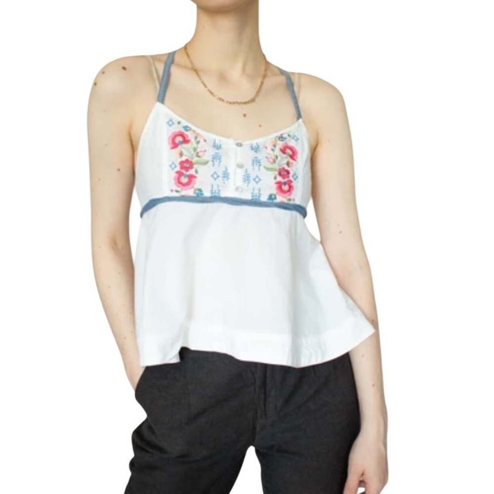 Abercrombie & Fitch Embroidered Babydoll Cami Tank Top White Boho Floral Medium